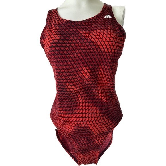 Adidas Women's One Piece Red Black Geometric Open Back Swimsuit 36 M - Picture 1 of 4